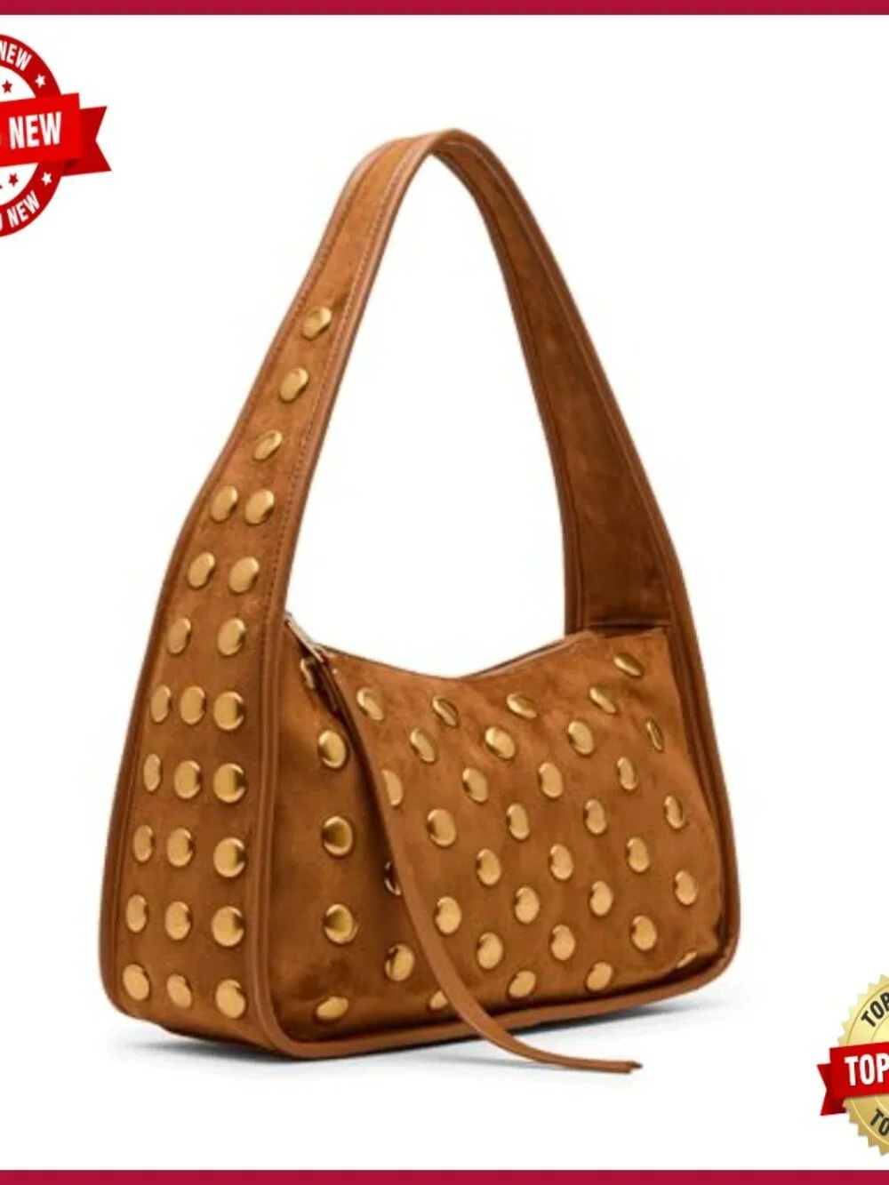 Studded Faux Leather Hobo Bag with Zipper Closure